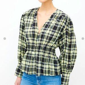 Ganni Seersucker Check/ Plaid V Neck Gathered Blouse